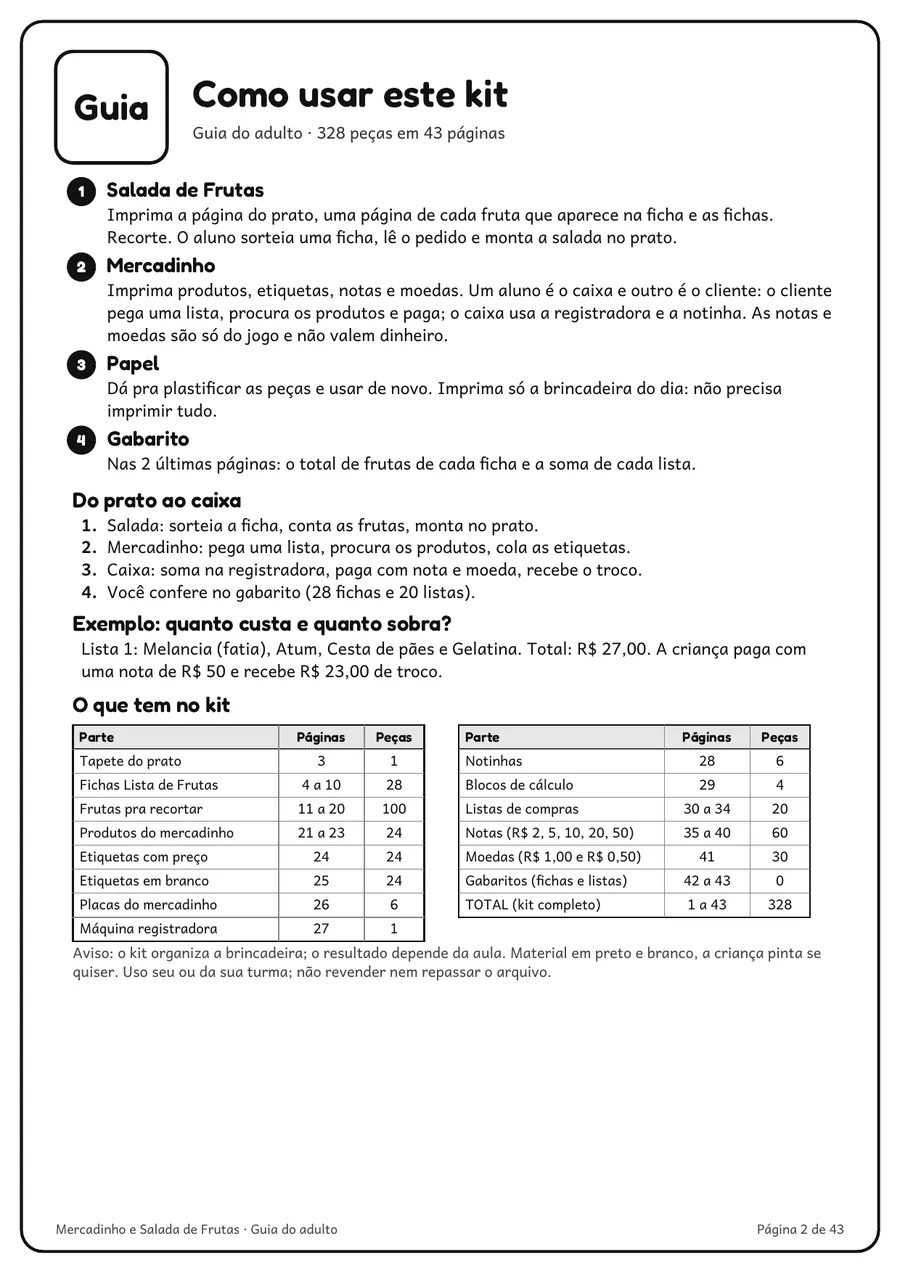 Guia do adulto do kit, em 1 página