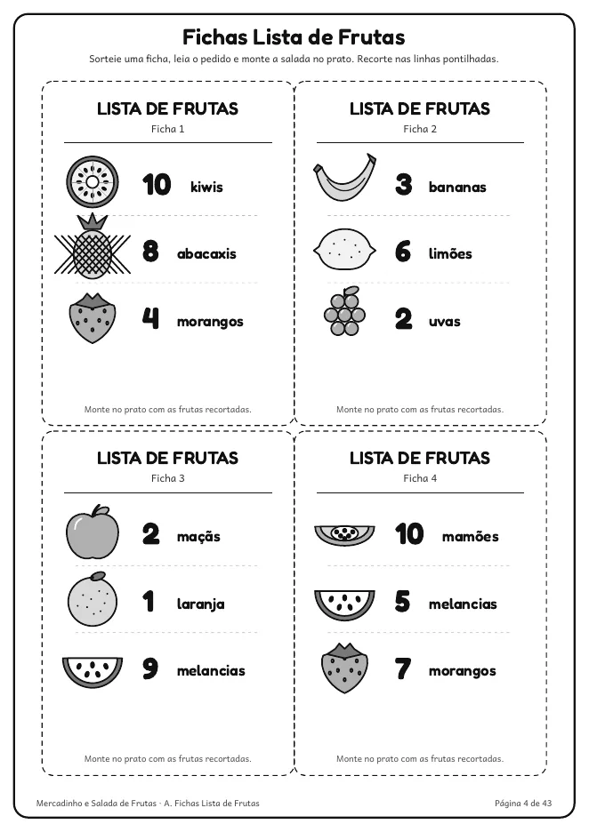 Página real do PDF Mercadinho e Salada de Frutas: fichas com a quantidade de cada fruta pra montar a salada