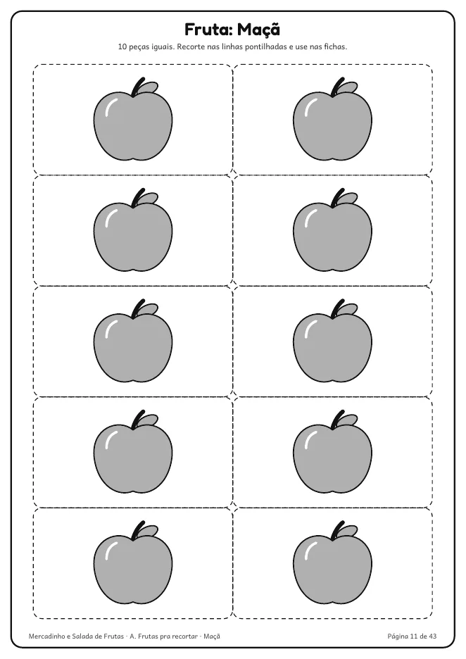 Página real do PDF Mercadinho e Salada de Frutas: página com 10 peças de uma fruta pra recortar