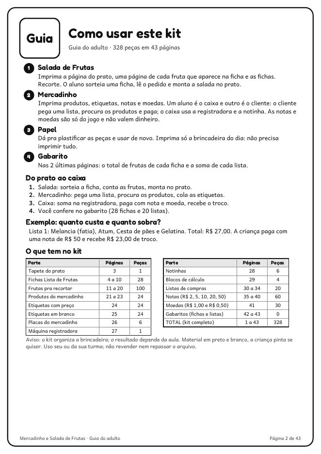 Página real do PDF Mercadinho e Salada de Frutas: guia de 1 página com o exemplo da lista 1