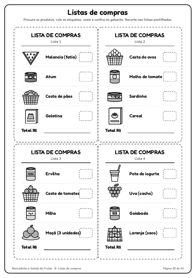Página real do PDF Mercadinho e Salada de Frutas: listas de compras com espaço pro preço e o total