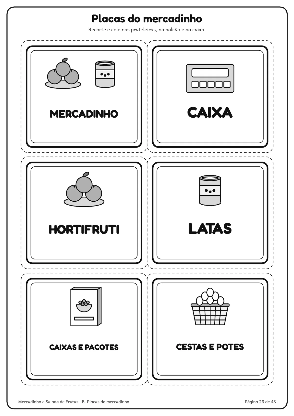 Página real do PDF Mercadinho e Salada de Frutas: placas do mercadinho pra recortar e colar