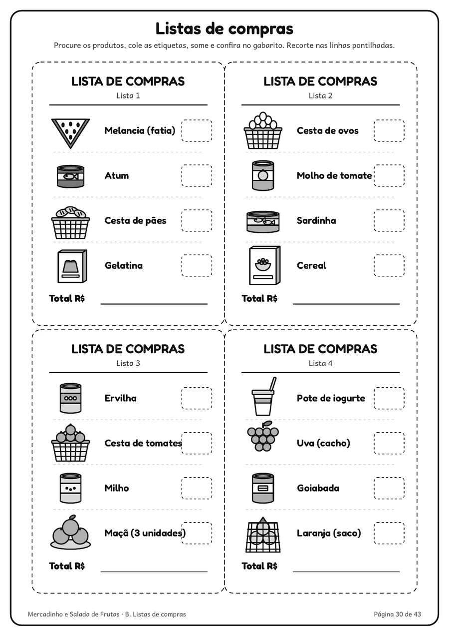 Folha com quatro listas de compras, com espaço pra escrever o preço e o total